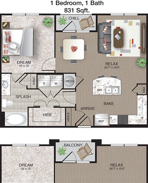 831 sq ft floorplan layout