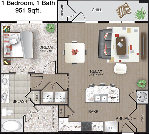 951 sq ft floorplan layout