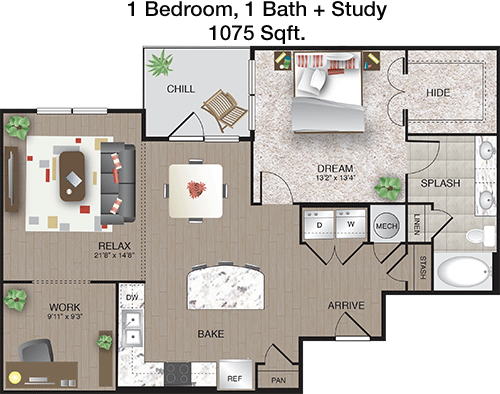 1,075 sq ft floorplan layout
