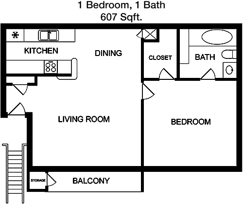 607 sq ft floorplan layout