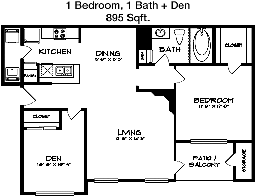 895 sq ft floorplan layout