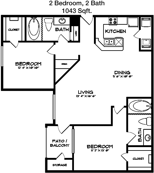 1,043 sq ft floorplan layout