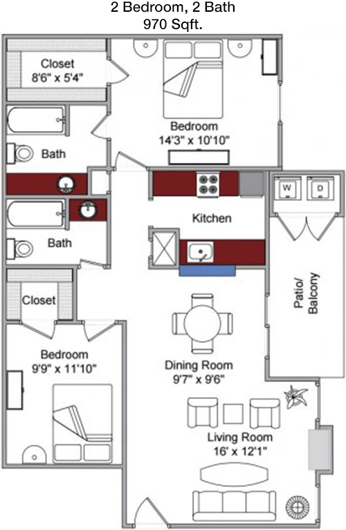 970 sq ft floorplan layout
