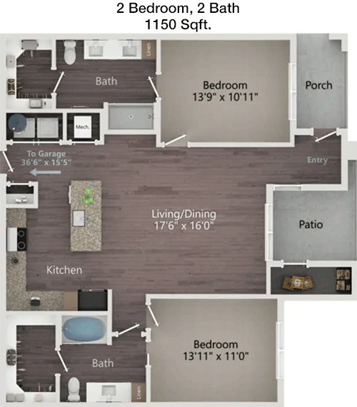 1,150 sq ft floorplan layout