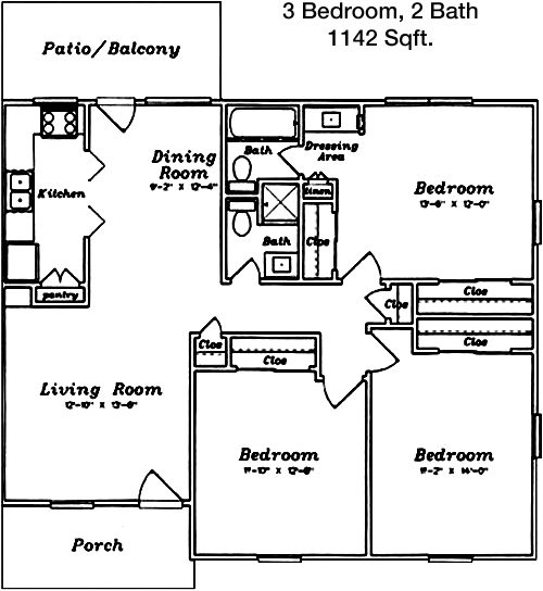 1,142 sq ft floorplan layout