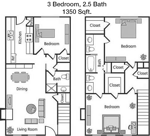 1,350 sq ft floorplan layout