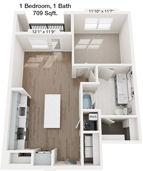 709 sq ft floorplan layout