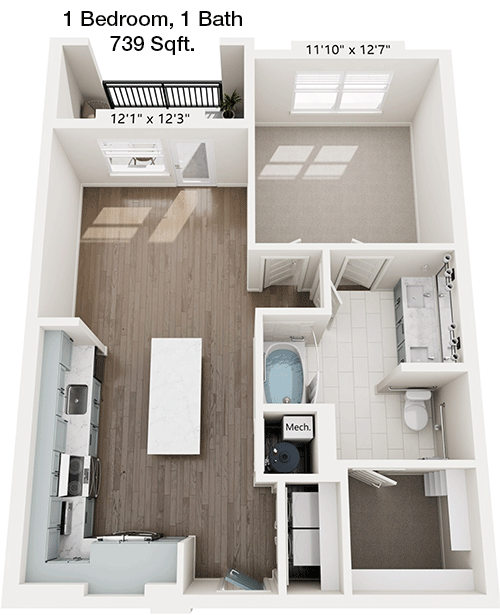 739 sq ft floorplan layout