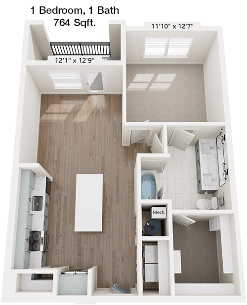 764 sq ft floorplan layout