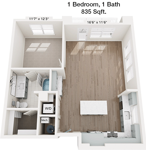 835 sq ft floorplan layout