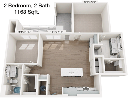1,163 sq ft floorplan layout