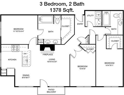 1,378 sq ft floorplan layout