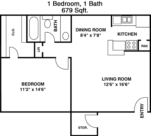679 sq ft floorplan layout