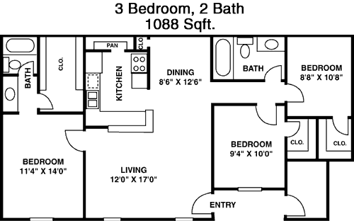 1,088 sq ft floorplan layout