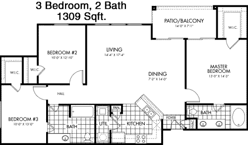 1,309 sq ft floorplan layout