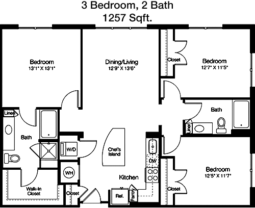1,257 sq ft floorplan layout