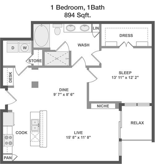 894 sq ft floorplan layout