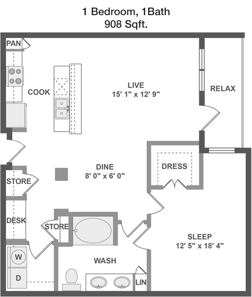 908 sq ft floorplan layout