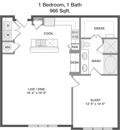 966 sq ft floorplan layout