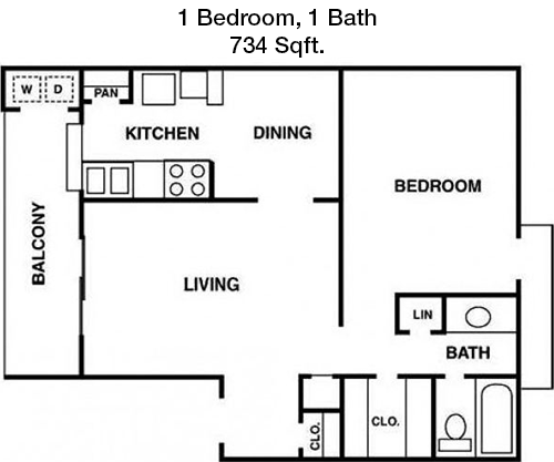 734 sq ft floorplan layout