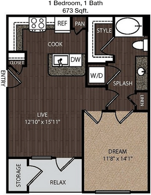673 sq ft floorplan layout