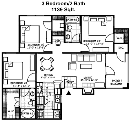 1,139 sq ft floorplan layout