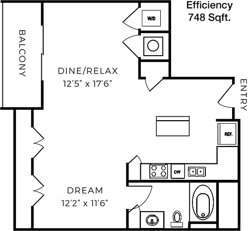 748 sq ft floorplan layout