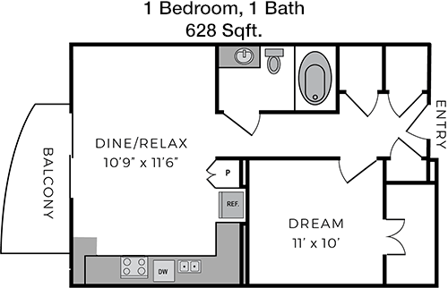 628 sq ft floorplan layout