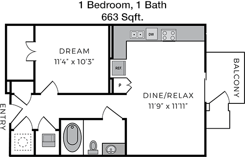 663 sq ft floorplan layout