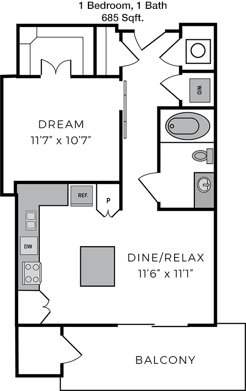 685 sq ft floorplan layout