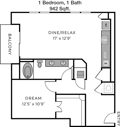 942 sq ft floorplan layout