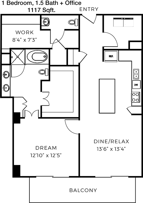 1,117 sq ft floorplan layout