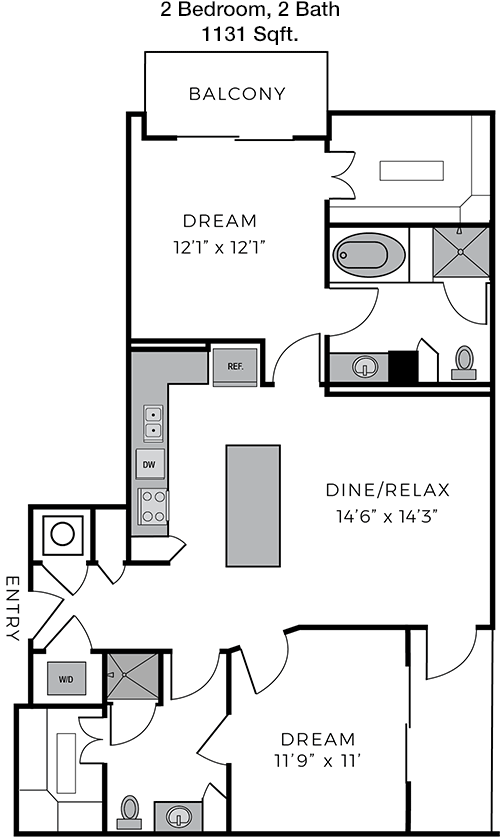 1,131 sq ft floorplan layout