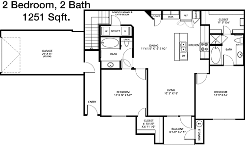 1,251 sq ft floorplan layout