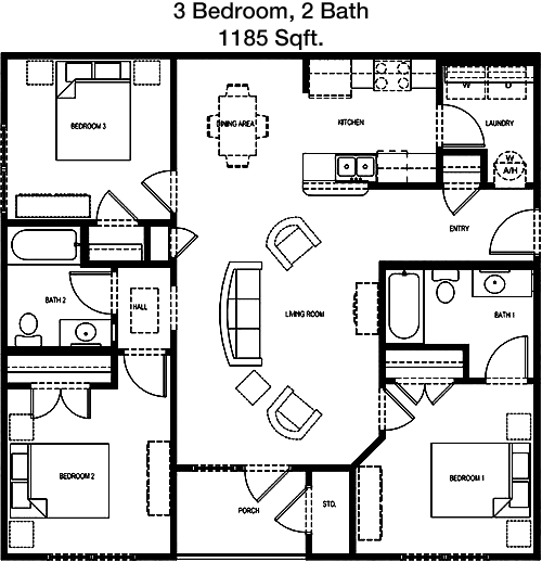 1,185 sq ft floorplan layout