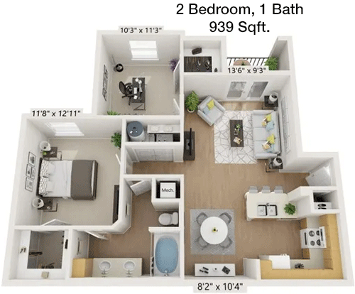 939 sq ft floorplan layout