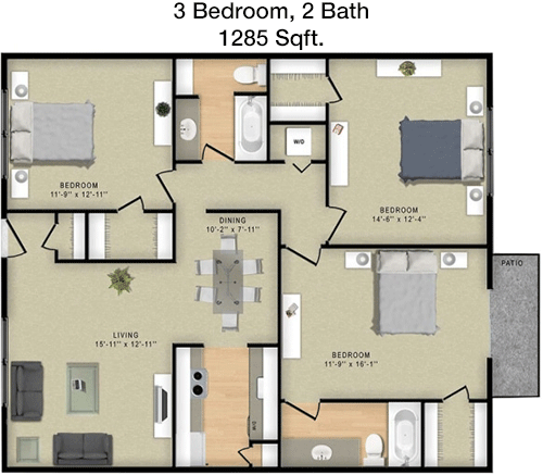 1,285 sq ft floorplan layout