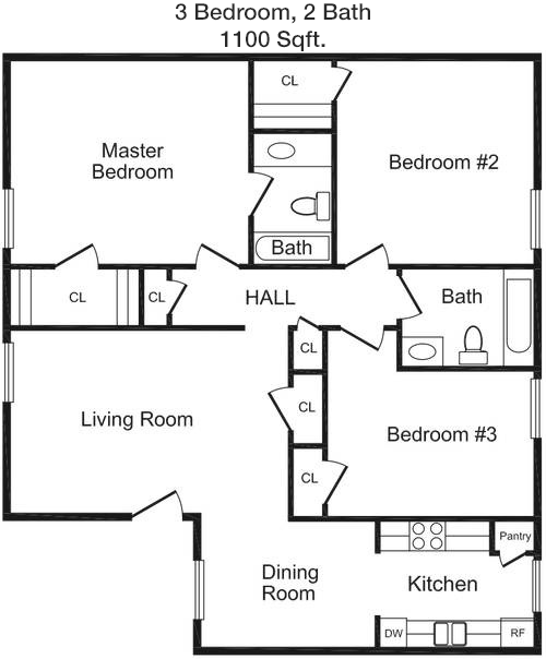 1,100 sq ft floorplan layout