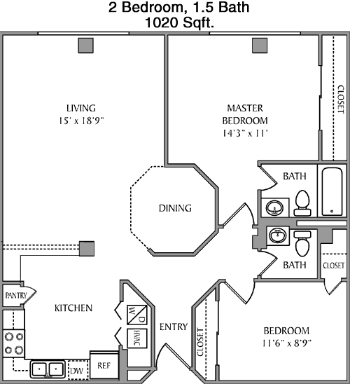 1,020 sq ft floorplan layout
