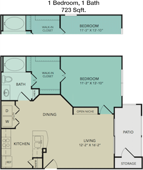 723 sq ft floorplan layout