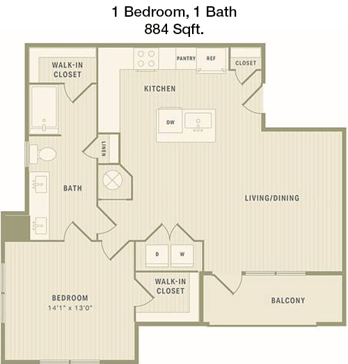 884 sq ft floorplan layout