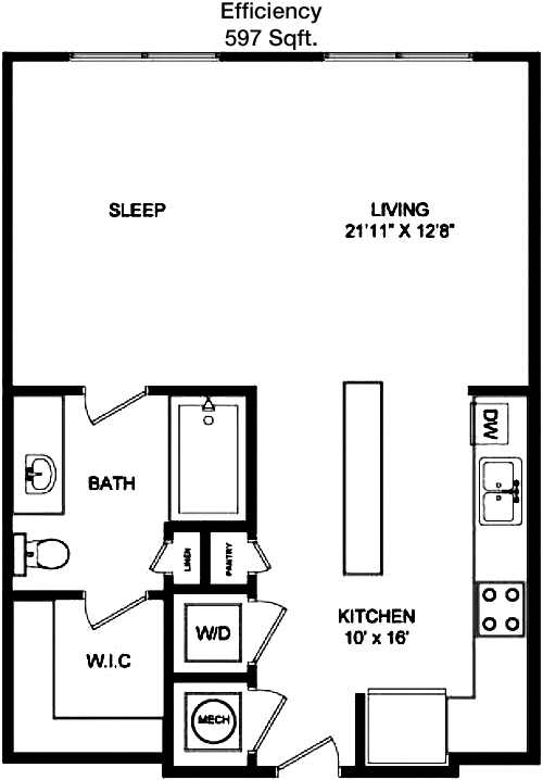 597 sq ft floorplan layout