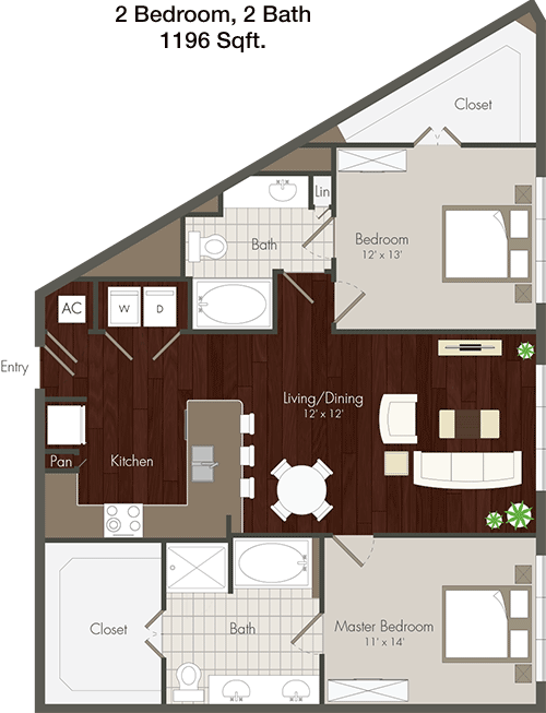 1,196 sq ft floorplan layout
