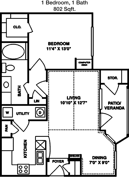 802 sq ft floorplan layout