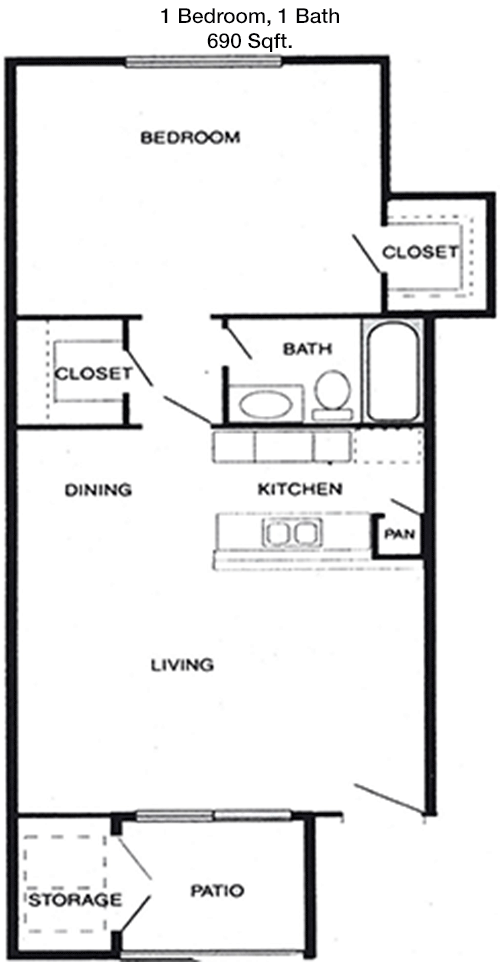 690 sq ft floorplan layout