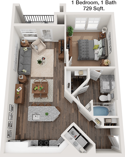 729 sq ft floorplan layout