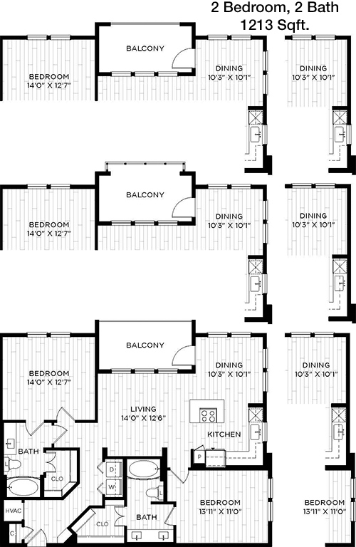 1,213 sq ft floorplan layout