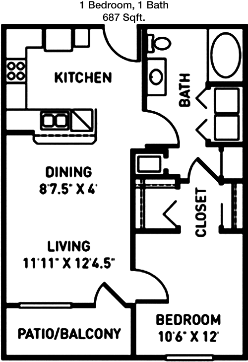 687 sq ft floorplan layout