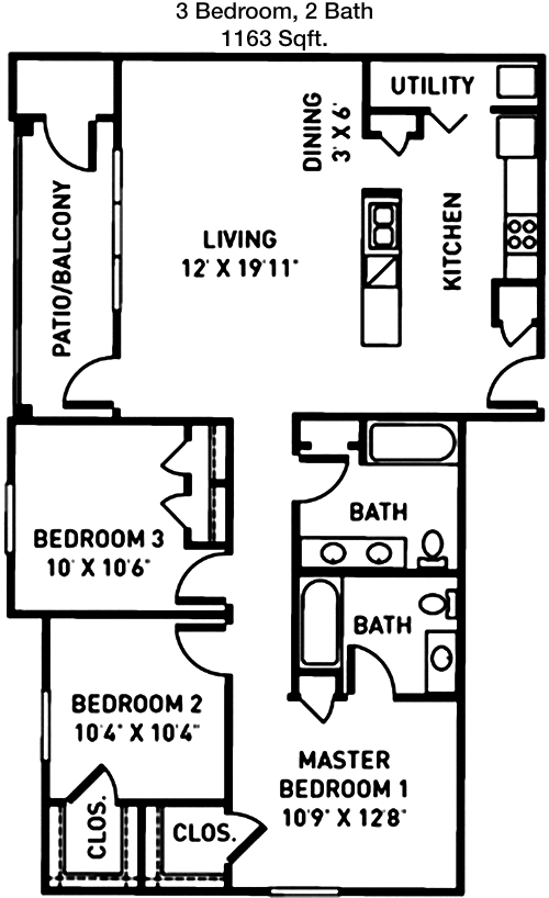 1,163 sq ft floorplan layout