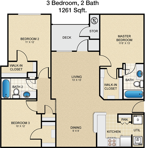 1,261 sq ft floorplan layout